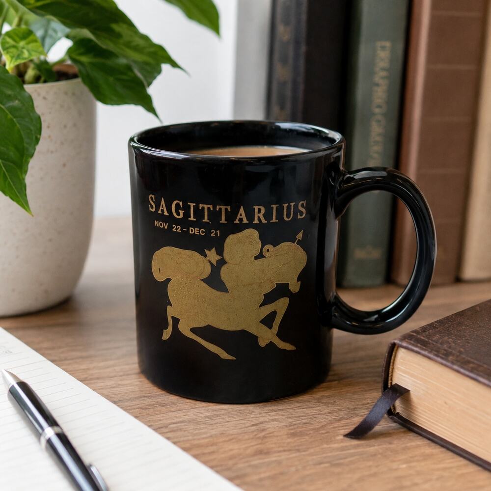 ♐ Sagittarius Zodiac Mug ☕ Astrology Distressed Vintage Gift Black Gold Decor